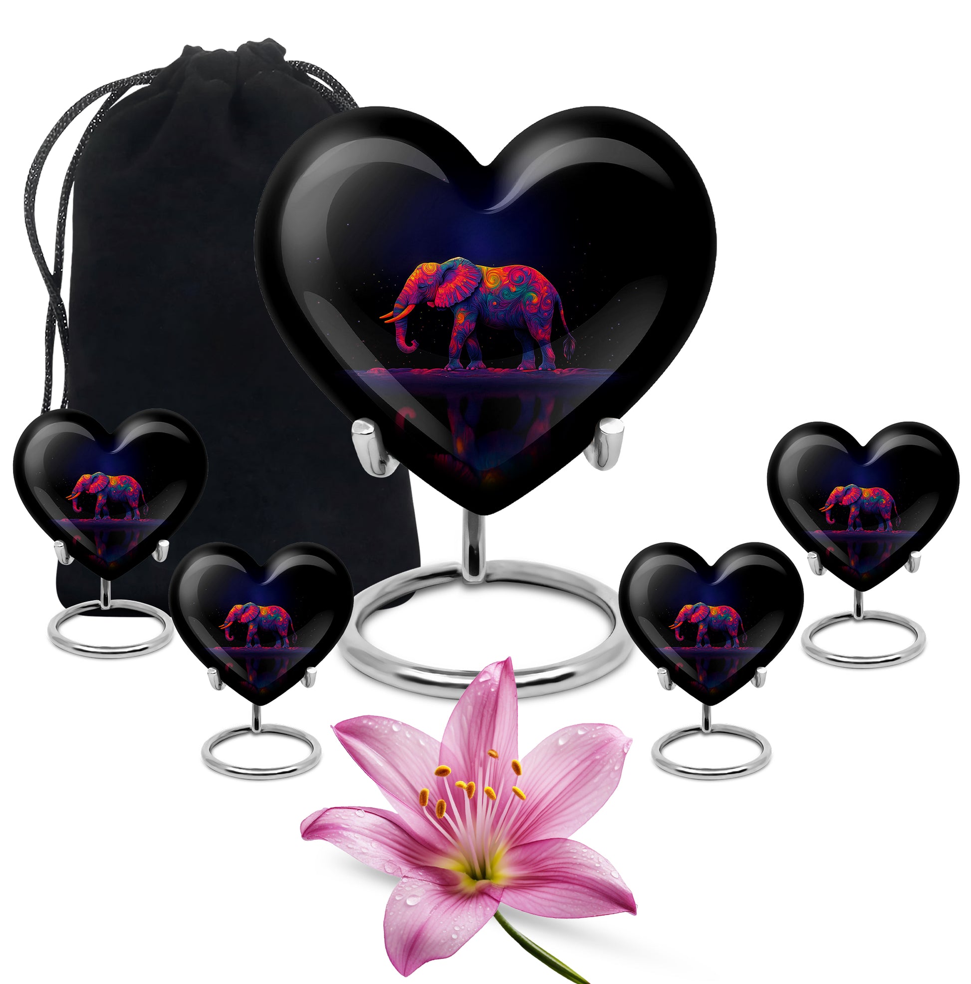 Cobalt Blue Elephant Cremation Urn close-up of engraving and surface detail - compassionate heart-elephant combination with gentle curves - memorial set with one large and four small urns