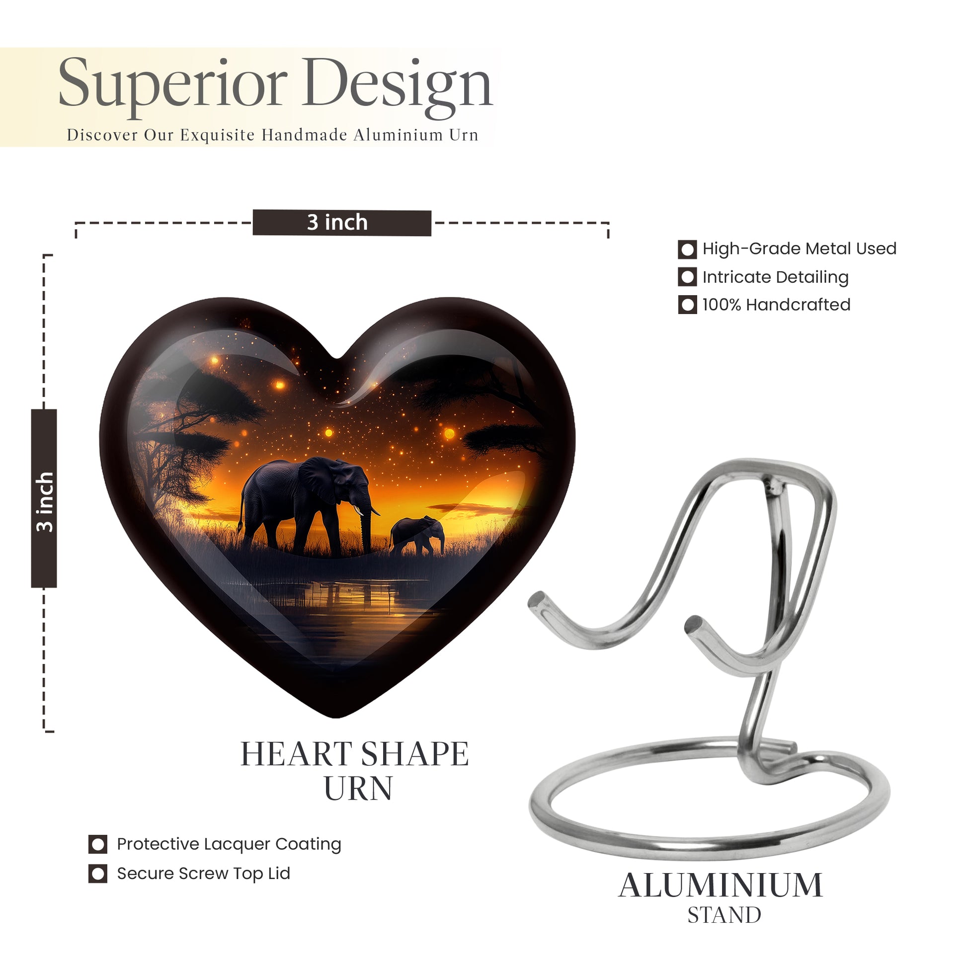Dark Black Elephant Cremation Urn front view showing detailed design - romantic heart urn with elephant motif on aluminum - mini keepsake memorial for portion of cremation ashes
