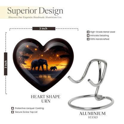 Dark Black Elephant Cremation Urn front view showing detailed design - romantic heart urn with elephant motif on aluminum - mini keepsake memorial for portion of cremation ashes