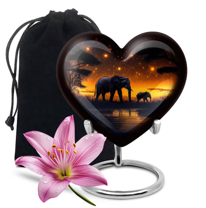 Glossy Black Elephant Cremation Urn detail view - loving heart memorial featuring elephant pattern - full-size 10 inch 200 cubic inch adult cremation urn