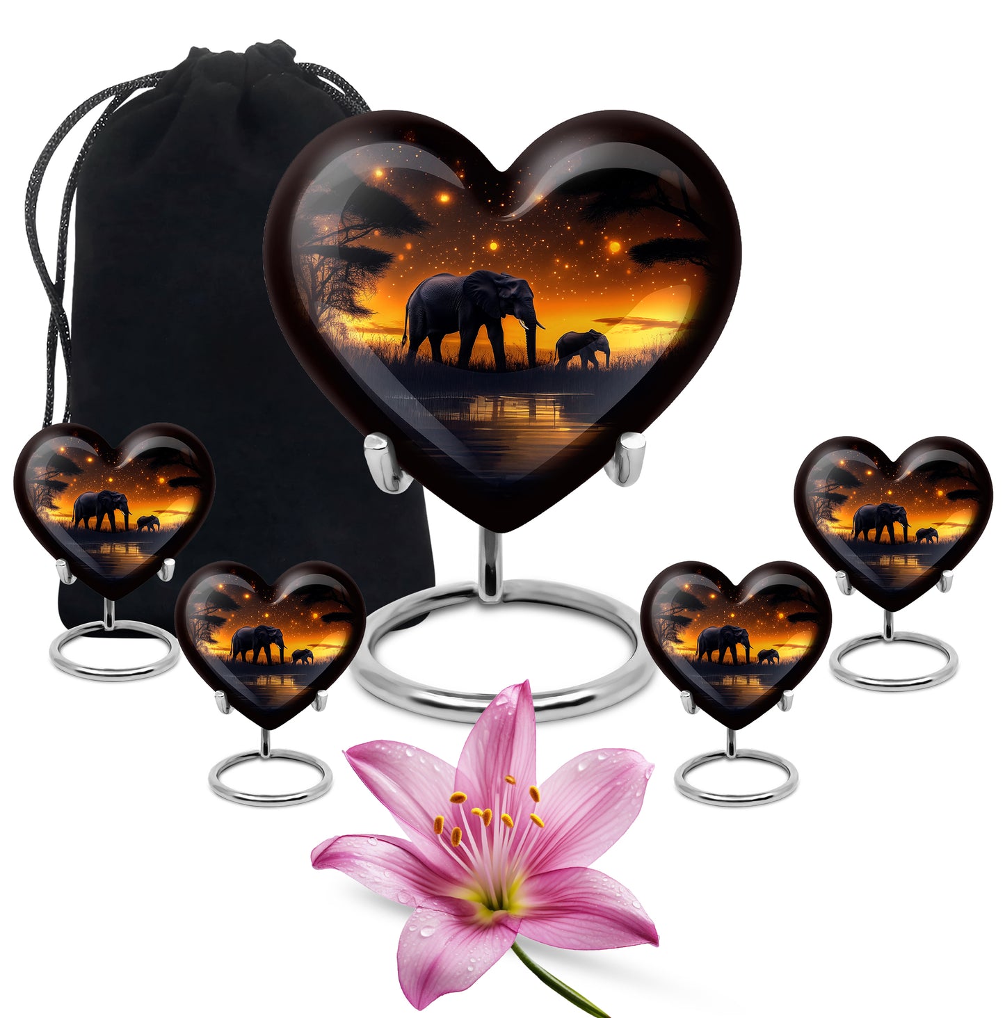 Deep Black Elephant Cremation Urn close-up of engraving and surface detail - loving heart memorial featuring elephant pattern - memorial set with one large and four small urns