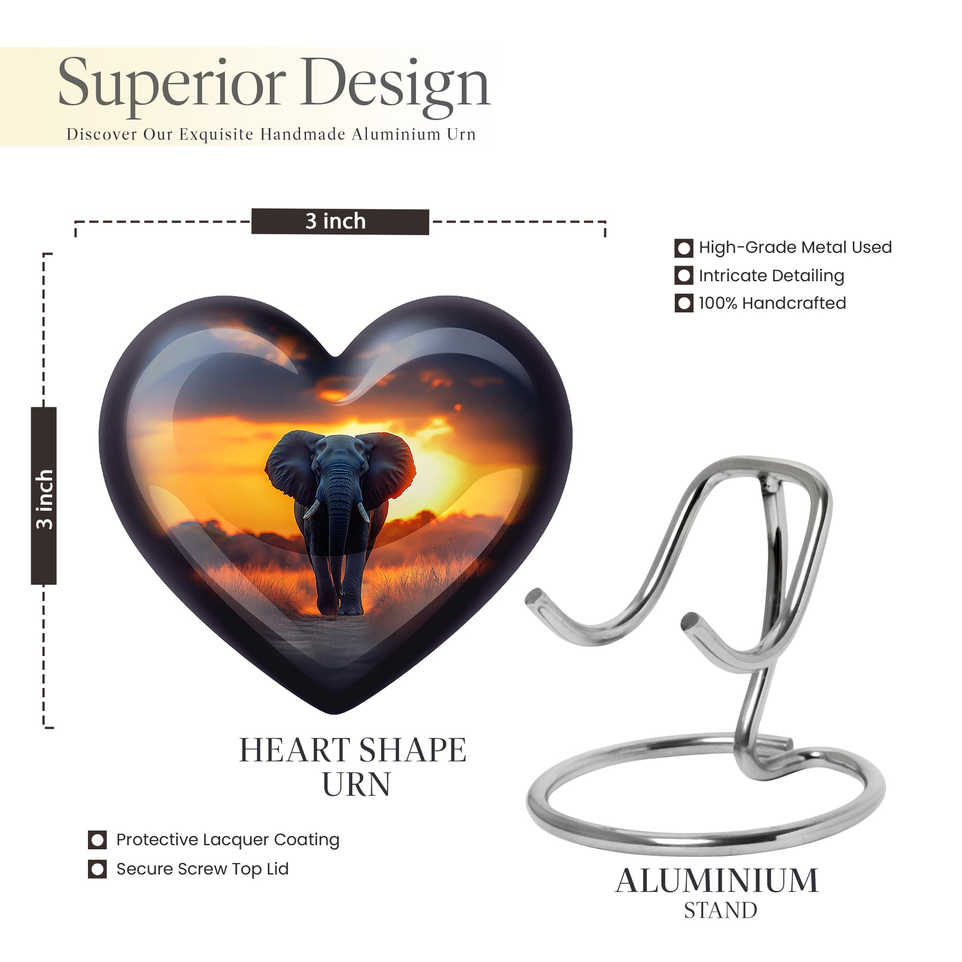 Sapphire Blue Elephant Cremation Urn front view showing detailed design - romantic heart urn with elephant motif on aluminum - mini keepsake memorial for portion of cremation ashes