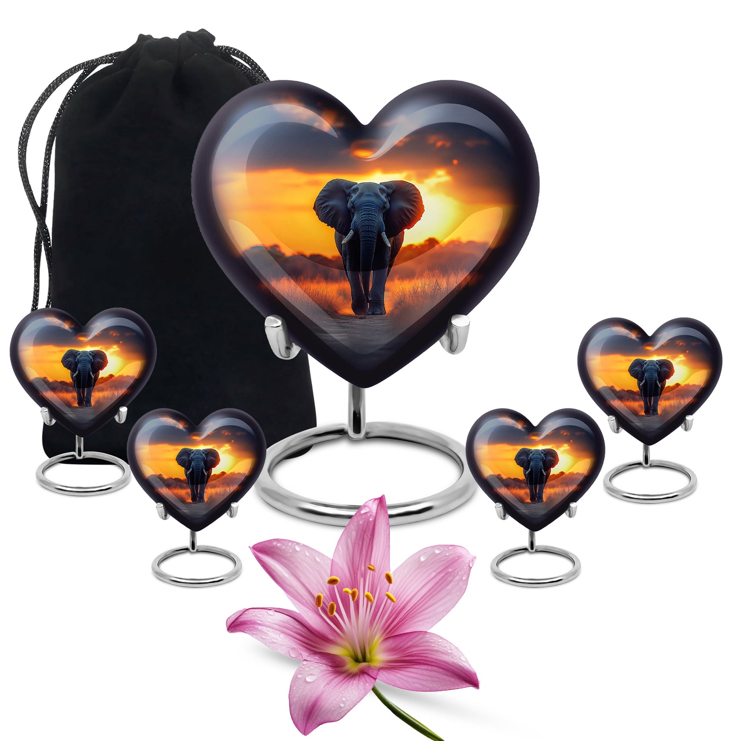 Pastel Blue Elephant Cremation Urn close-up of engraving and surface detail - heart-shaped elephant design symbolizing eternal love - memorial set with one large and four small urns
