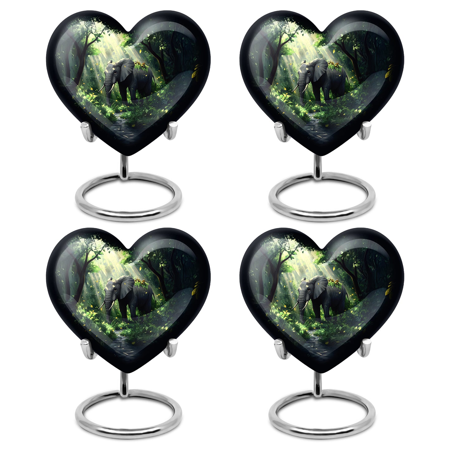 Ocean Teal Elephant Cremation Urn angled view of lid and engraved motif - loving heart memorial featuring elephant pattern - 10 inch aluminum urn for cremated remains