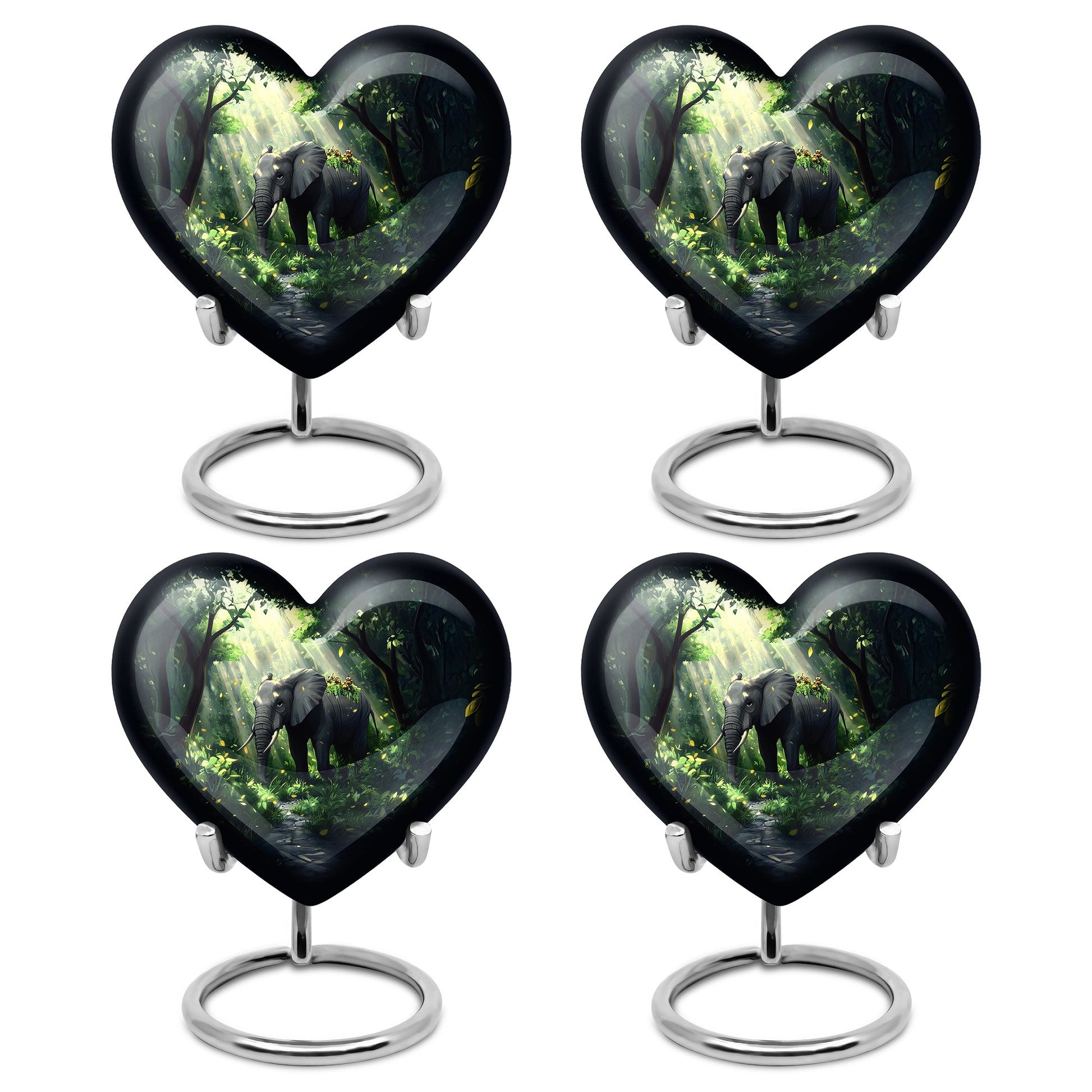 Ocean Teal Elephant Cremation Urn angled view of lid and engraved motif - loving heart memorial featuring elephant pattern - 10 inch aluminum urn for cremated remains