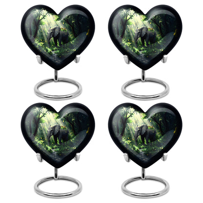 Ocean Teal Elephant Cremation Urn angled view of lid and engraved motif - loving heart memorial featuring elephant pattern - 10 inch aluminum urn for cremated remains