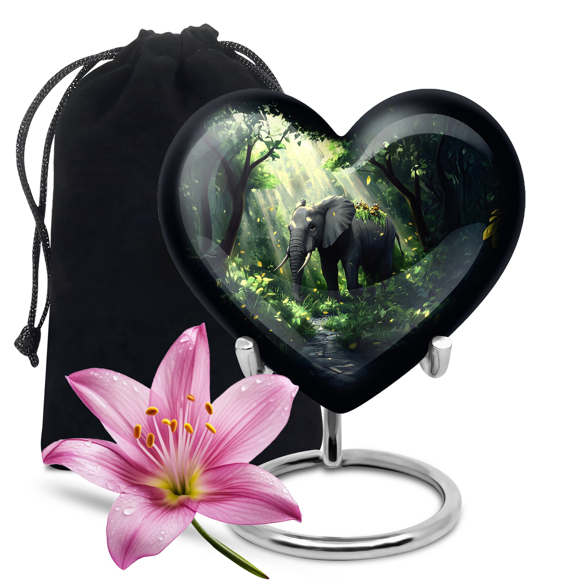 Deep Teal Elephant Cremation Urn detail view - romantic heart urn with elephant motif on aluminum - full-size 10 inch 200 cubic inch adult cremation urn