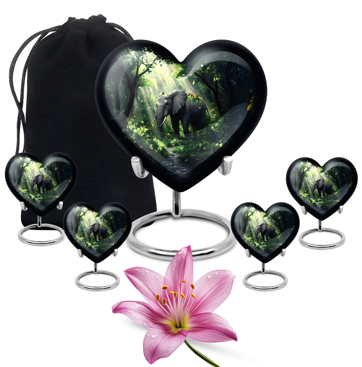Cool Teal Elephant Cremation Urn close-up of engraving and surface detail - heart-shaped elephant design symbolizing eternal love - memorial set with one large and four small urns