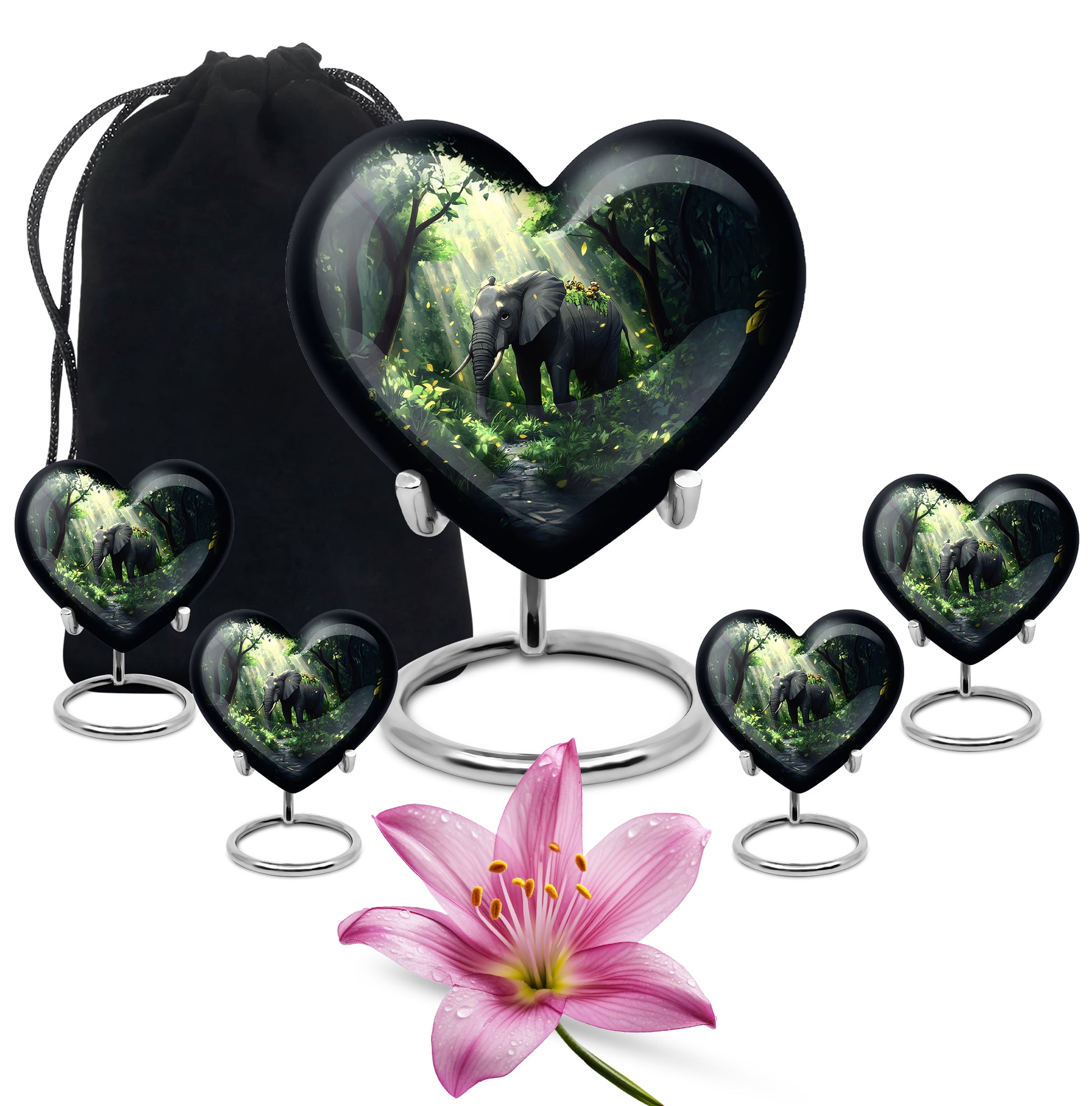 Cool Teal Elephant Cremation Urn close-up of engraving and surface detail - heart-shaped elephant design symbolizing eternal love - memorial set with one large and four small urns
