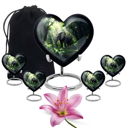 Cool Teal Elephant Cremation Urn close-up of engraving and surface detail - heart-shaped elephant design symbolizing eternal love - memorial set with one large and four small urns