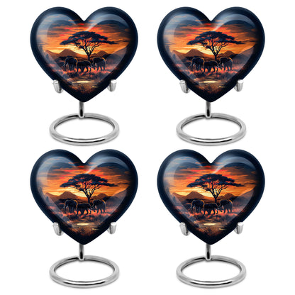 Crimson Red Elephant Cremation Urn angled view of lid and engraved motif - loving heart memorial featuring elephant pattern - 10 inch aluminum urn for cremated remains