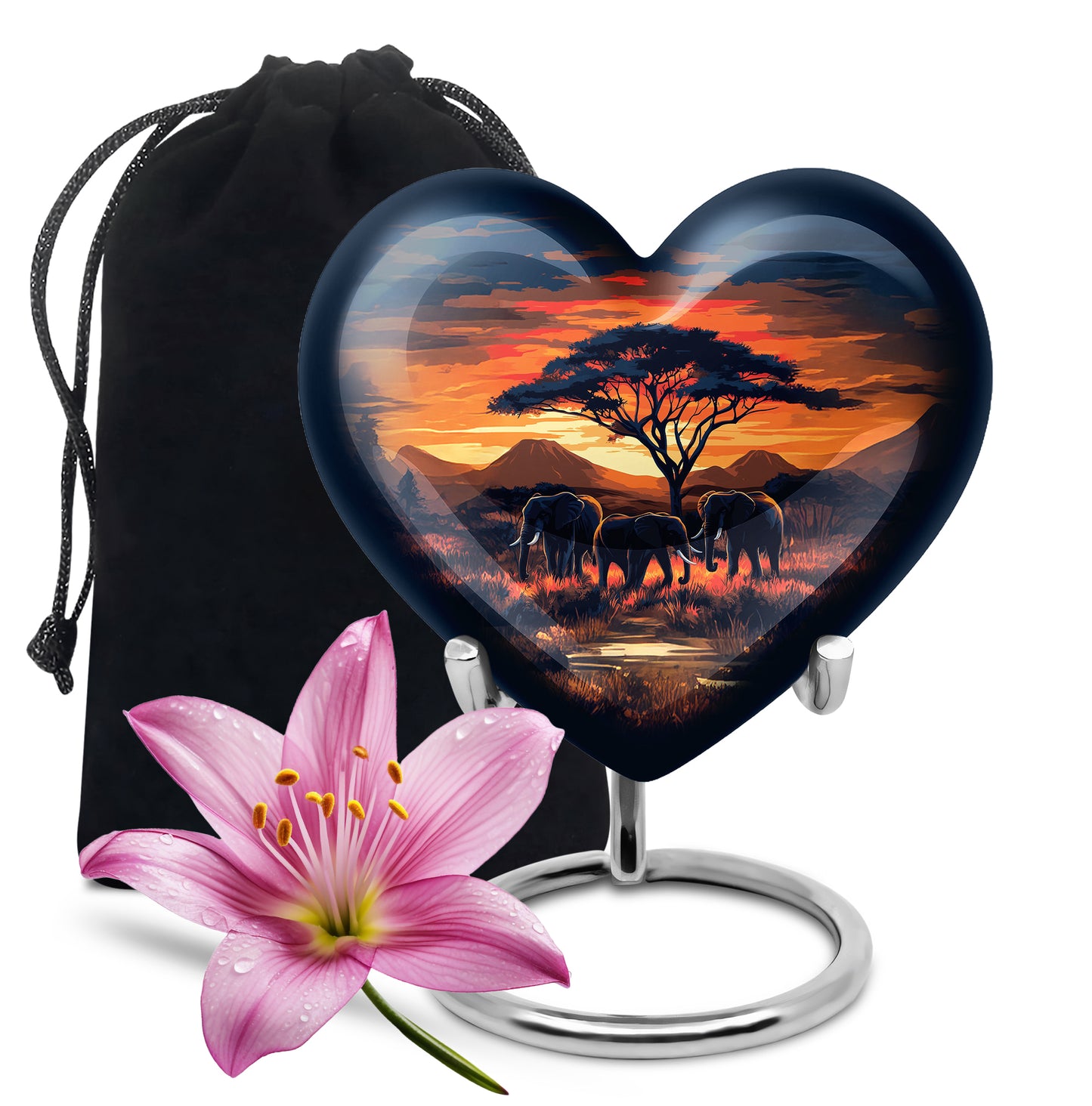 Deep Red Elephant Cremation Urn detail view - heart-shaped elephant design symbolizing eternal love - full-size 10 inch 200 cubic inch adult cremation urn