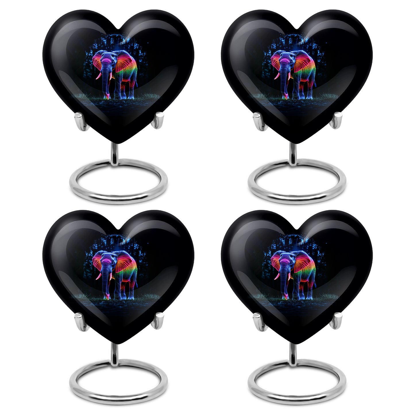Jet Black Elephant Cremation Urn angled view of lid and engraved motif - loving heart memorial featuring elephant pattern - 10 inch aluminum urn for cremated remains