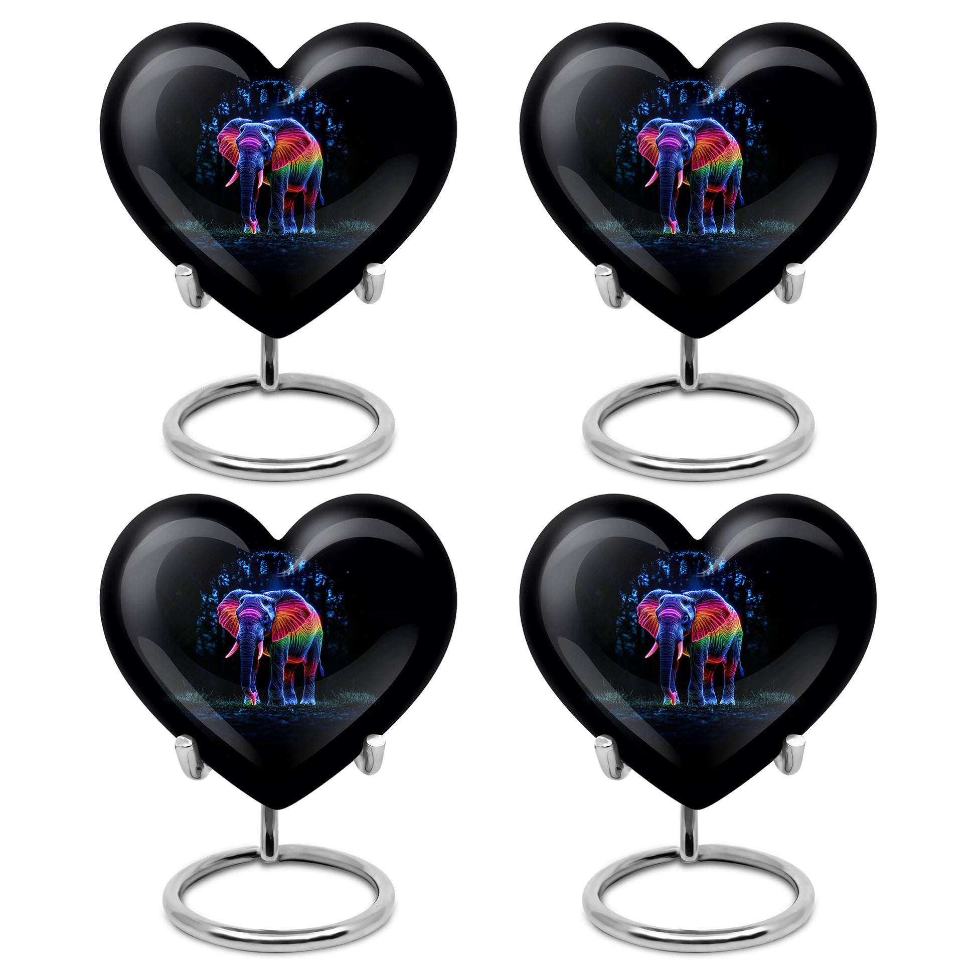 Jet Black Elephant Cremation Urn angled view of lid and engraved motif - loving heart memorial featuring elephant pattern - 10 inch aluminum urn for cremated remains