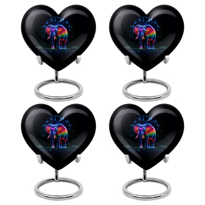 Jet Black Elephant Cremation Urn angled view of lid and engraved motif - loving heart memorial featuring elephant pattern - 10 inch aluminum urn for cremated remains