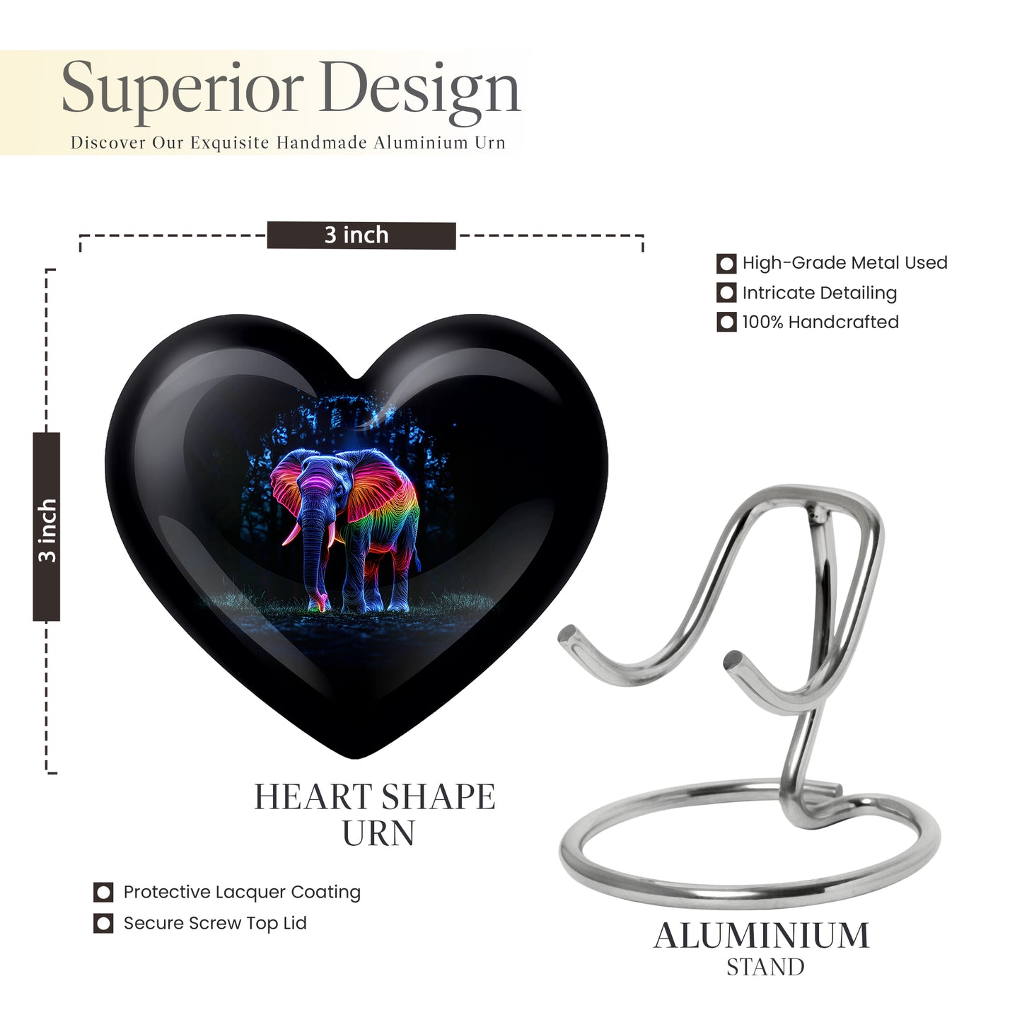 Rich Black Elephant Cremation Urn front view showing detailed design - loving heart memorial featuring elephant pattern - mini keepsake memorial for portion of cremation ashes