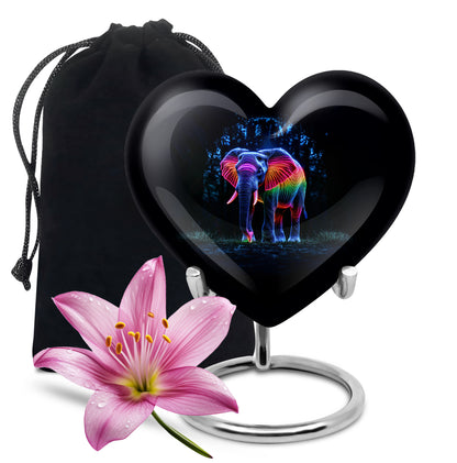 Glossy Black Elephant Cremation Urn detail view - heart-shaped elephant design symbolizing eternal love - full-size 10 inch 200 cubic inch adult cremation urn