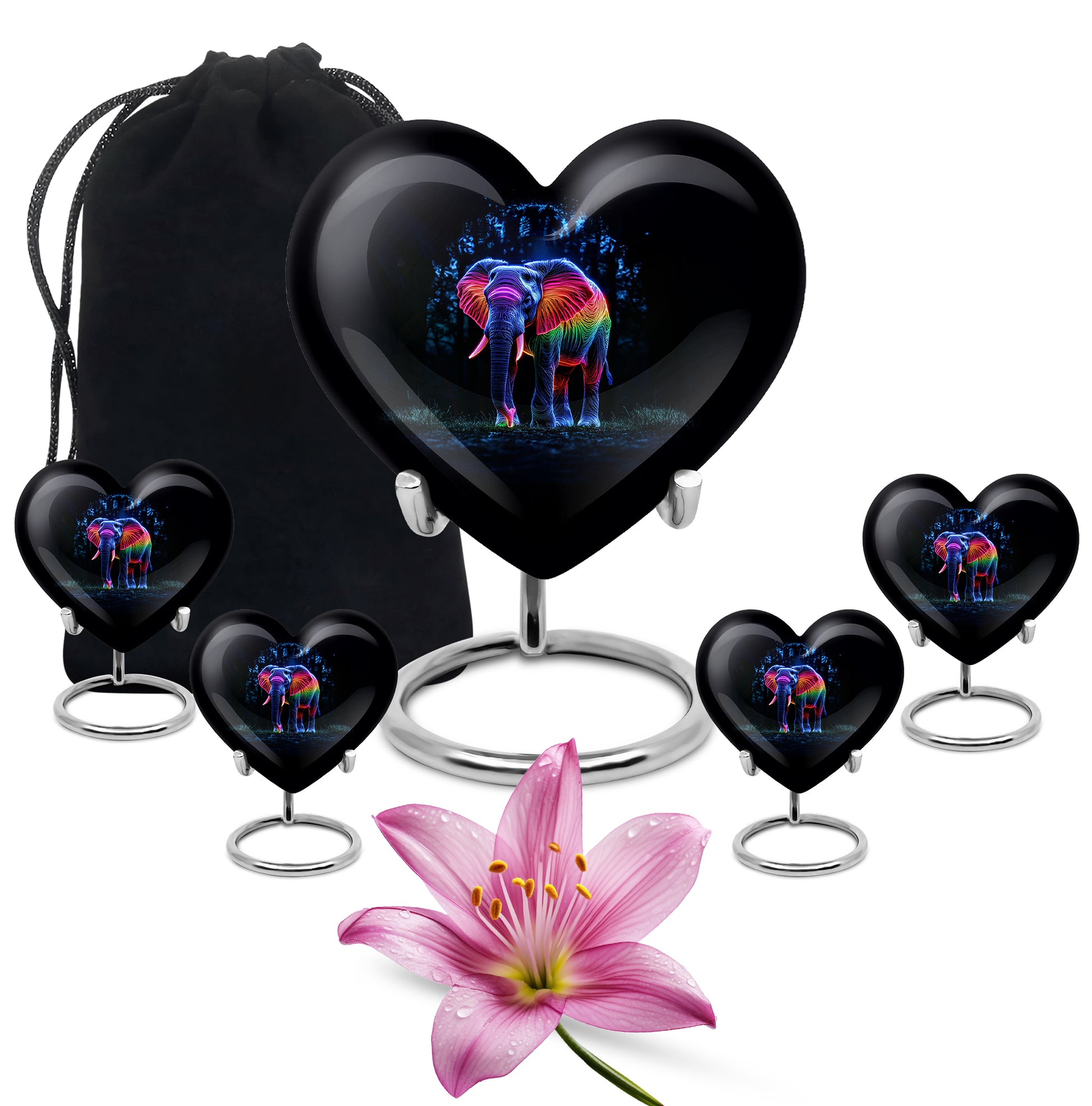 Obsidian Black Elephant Cremation Urn close-up of engraving and surface detail - romantic heart urn with elephant motif on aluminum - memorial set with one large and four small urns
