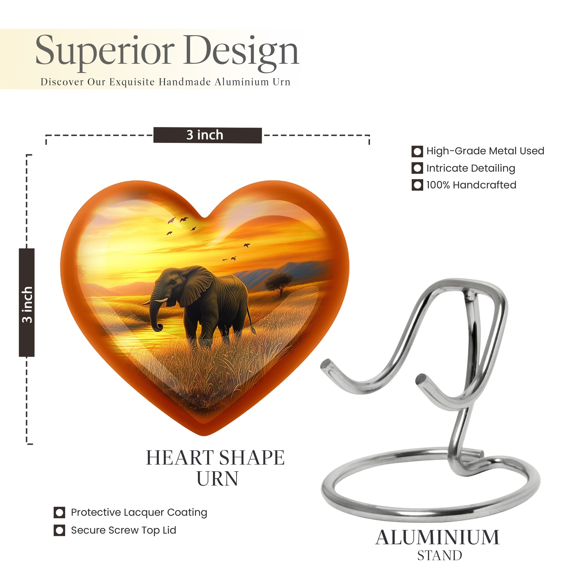 Amber Gold Elephant Cremation Urn front view showing detailed design - loving heart memorial featuring elephant pattern - mini keepsake memorial for portion of cremation ashes