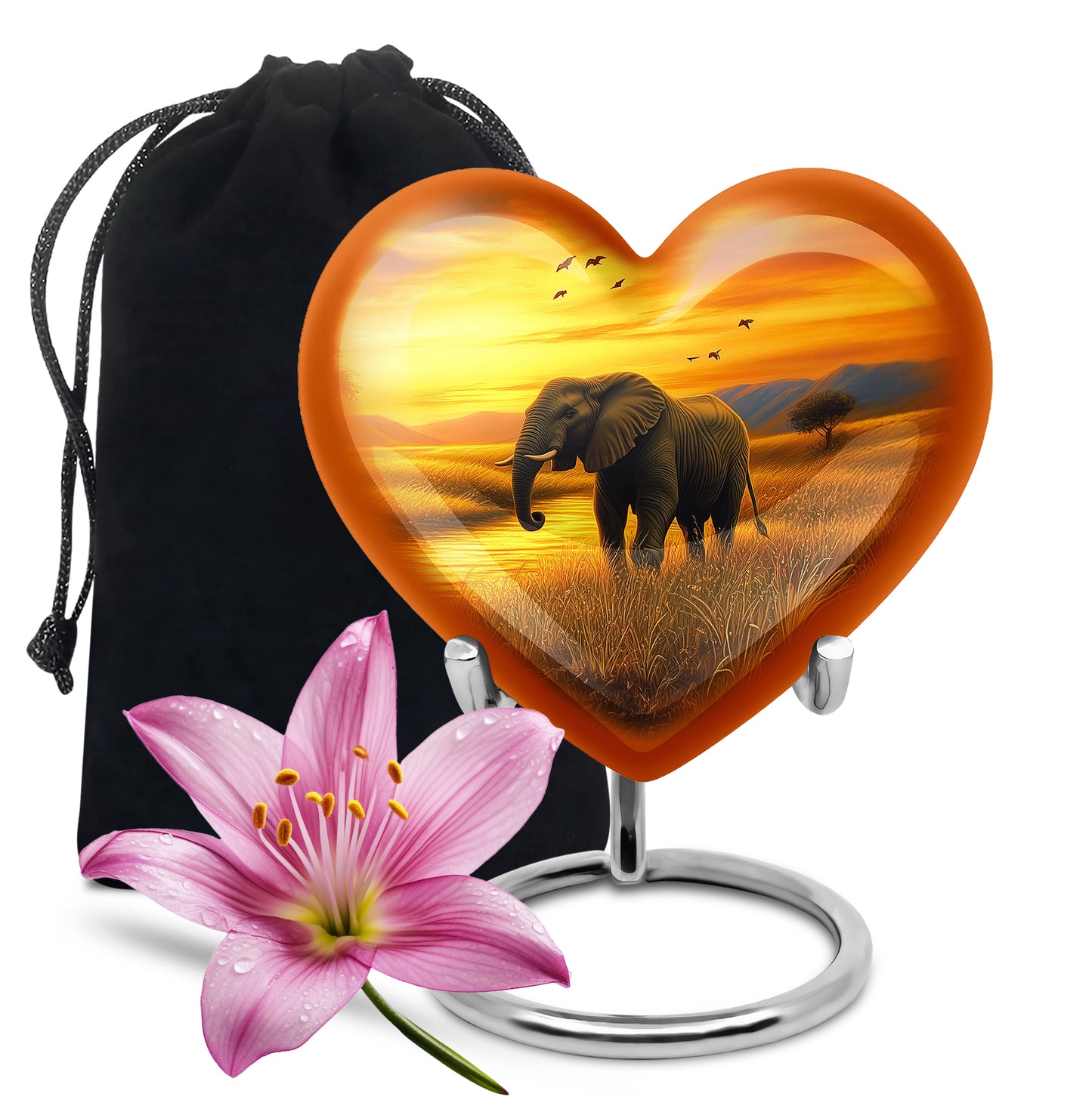 Royal Gold Elephant Cremation Urn detail view - romantic heart urn with elephant motif on aluminum - full-size 10 inch 200 cubic inch adult cremation urn