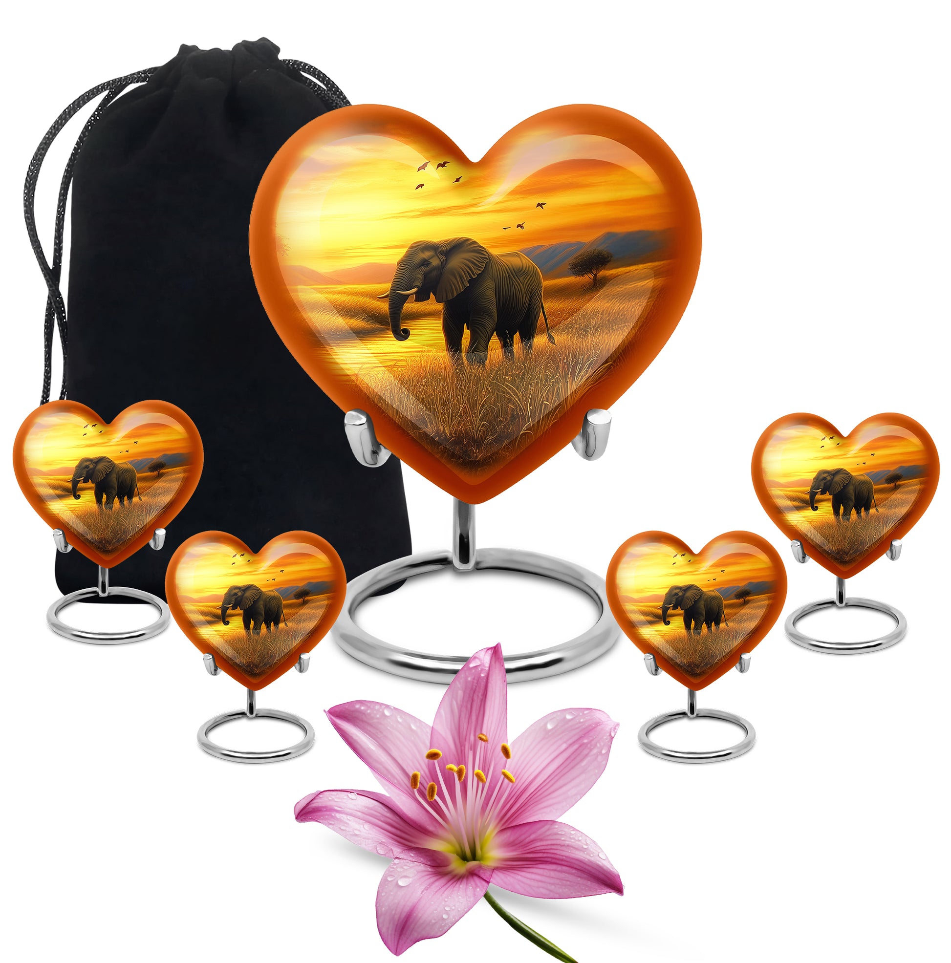 Burnished Gold Elephant Cremation Urn close-up of engraving and surface detail - compassionate heart-elephant combination with gentle curves - memorial set with one large and four small urns