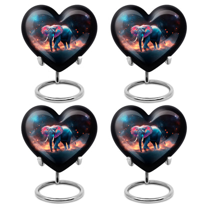Deep Black Elephant Cremation Urn angled view of lid and engraved motif - loving heart memorial featuring elephant pattern - 10 inch aluminum urn for cremated remains