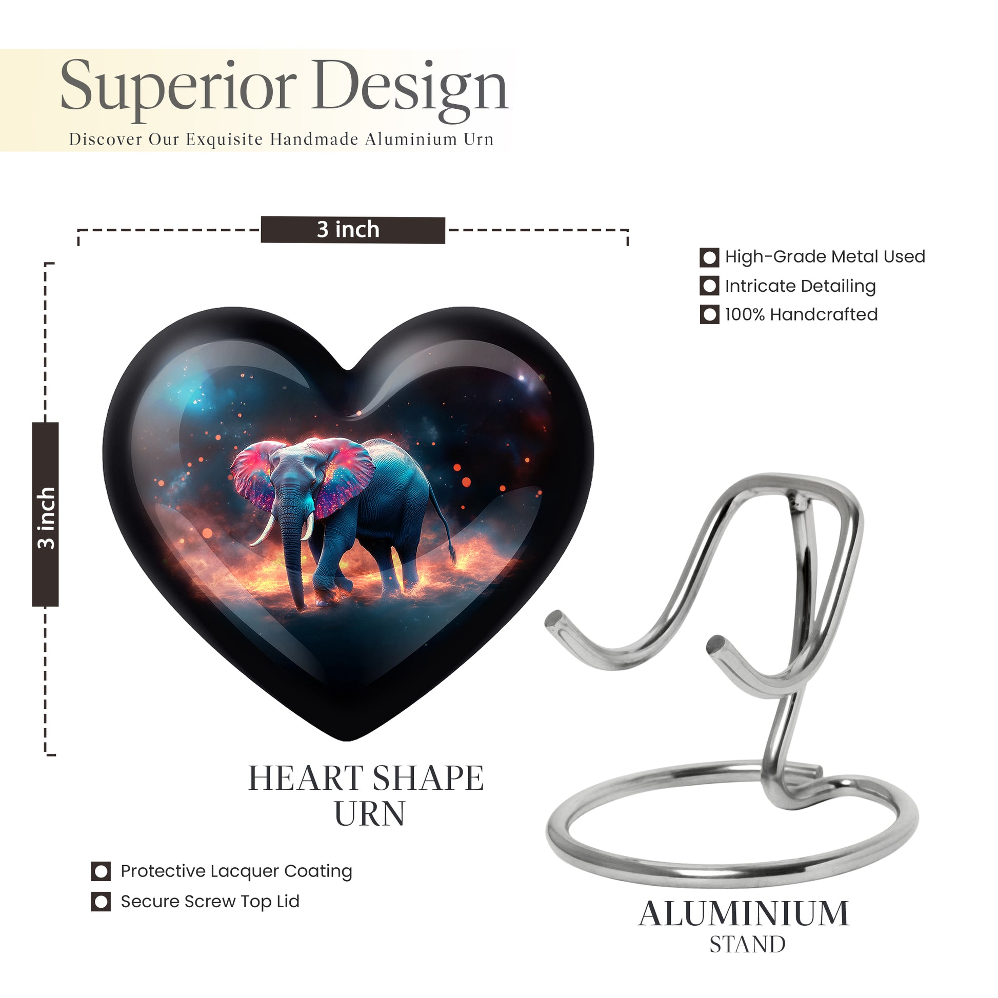 Jet Black Elephant Cremation Urn front view showing detailed design - loving heart memorial featuring elephant pattern - mini keepsake memorial for portion of cremation ashes