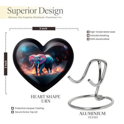 Jet Black Elephant Cremation Urn front view showing detailed design - loving heart memorial featuring elephant pattern - mini keepsake memorial for portion of cremation ashes