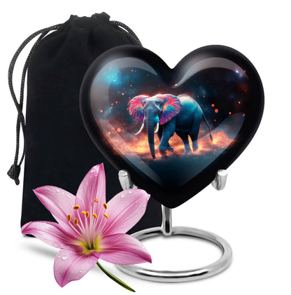 Jet Black Elephant Cremation Urn detail view - loving heart memorial featuring elephant pattern - full-size 10 inch 200 cubic inch adult cremation urn