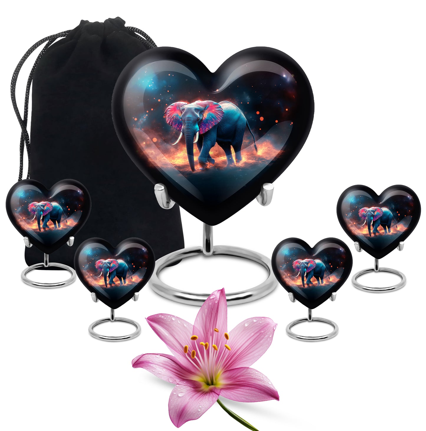 Midnight Black Elephant Cremation Urn close-up of engraving and surface detail - romantic heart urn with elephant motif on aluminum - memorial set with one large and four small urns