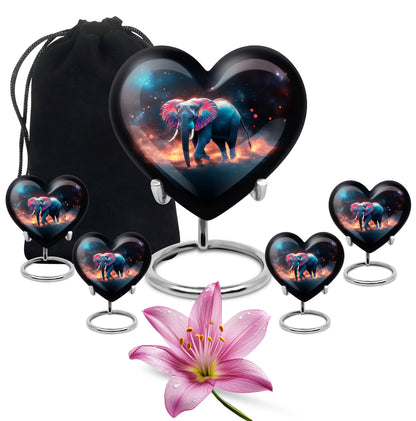 Midnight Black Elephant Cremation Urn close-up of engraving and surface detail - romantic heart urn with elephant motif on aluminum - memorial set with one large and four small urns