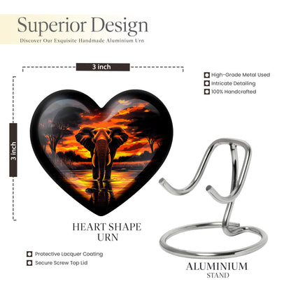 Glossy Black Elephant Cremation Urn front view showing detailed design - loving heart memorial featuring elephant pattern - mini keepsake memorial for portion of cremation ashes