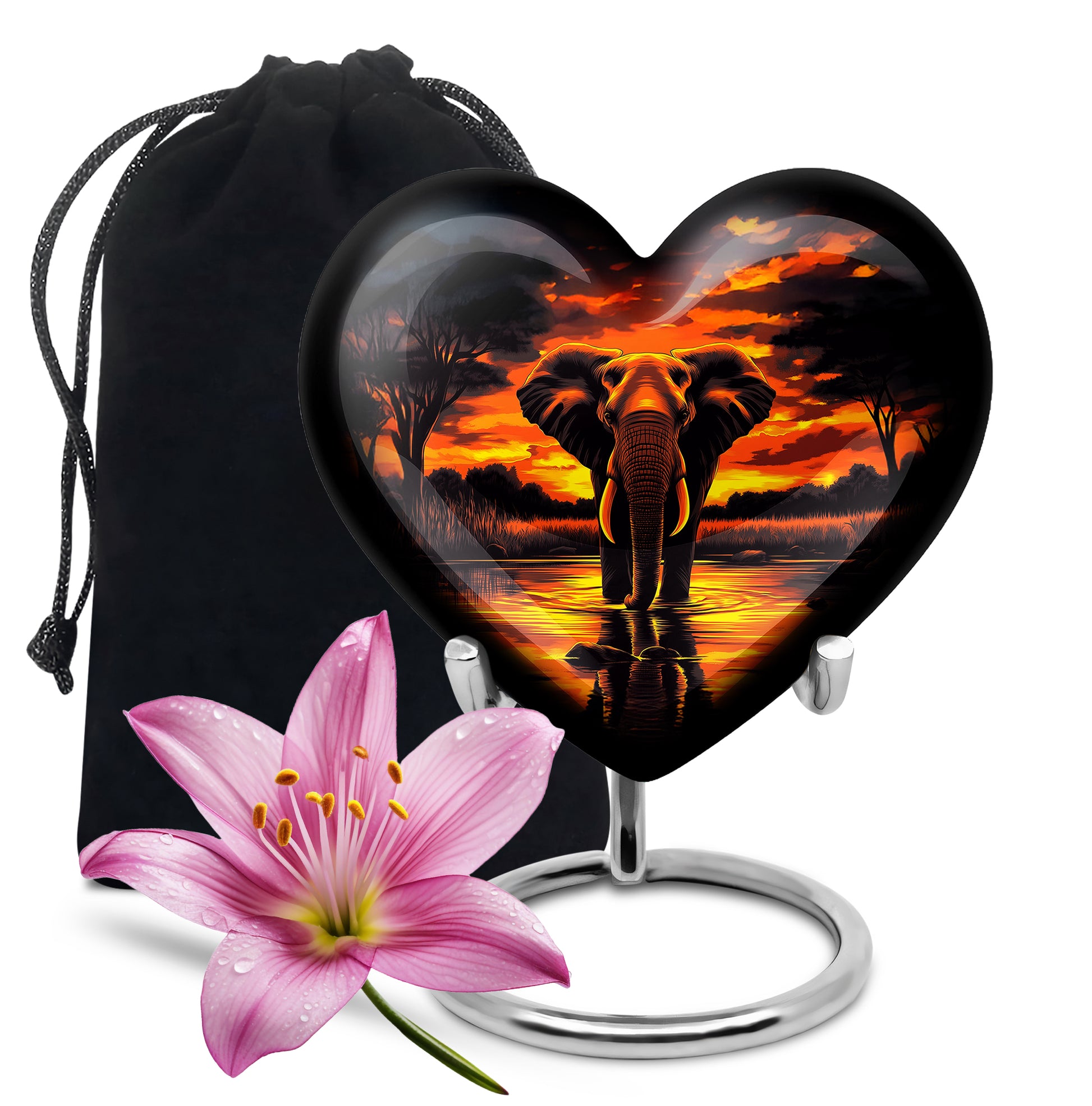 Glossy Black Elephant Cremation Urn detail view - loving heart memorial featuring elephant pattern - full-size 10 inch 200 cubic inch adult cremation urn