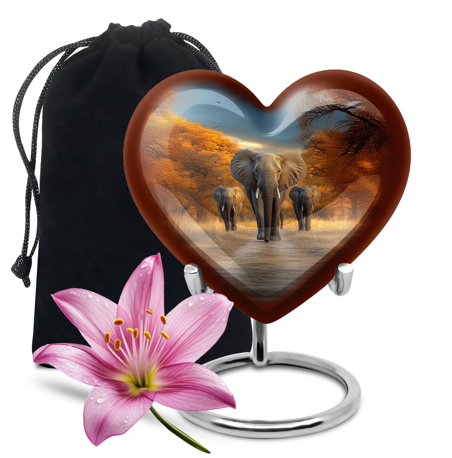 Navy Blue Elephant Cremation Urn detail view - loving heart memorial featuring elephant pattern - full-size 10 inch 200 cubic inch adult cremation urn