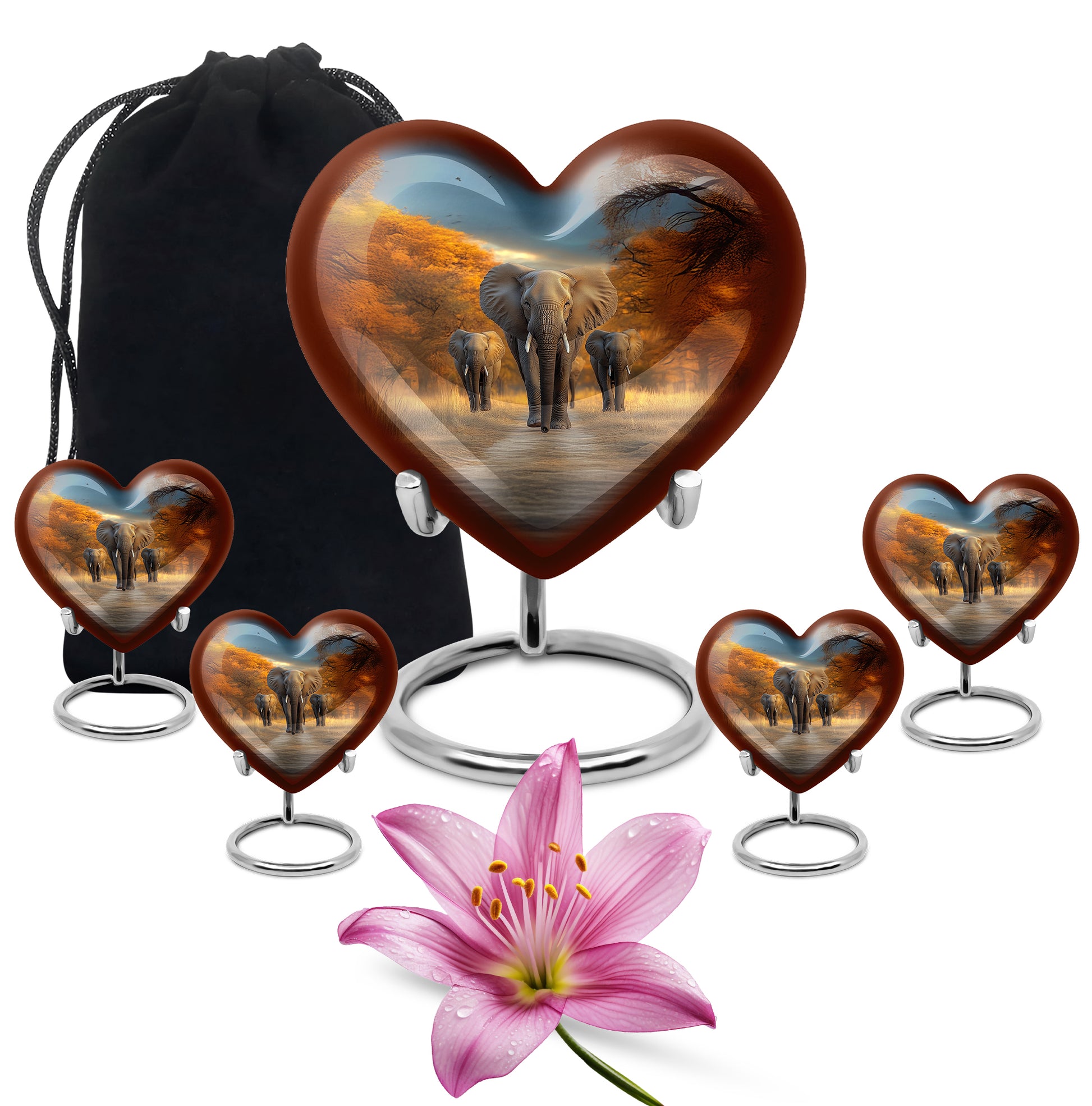 Twilight Blue Elephant Cremation Urn close-up of engraving and surface detail - romantic heart urn with elephant motif on aluminum - memorial set with one large and four small urns
