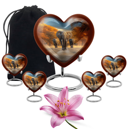 Twilight Blue Elephant Cremation Urn close-up of engraving and surface detail - romantic heart urn with elephant motif on aluminum - memorial set with one large and four small urns