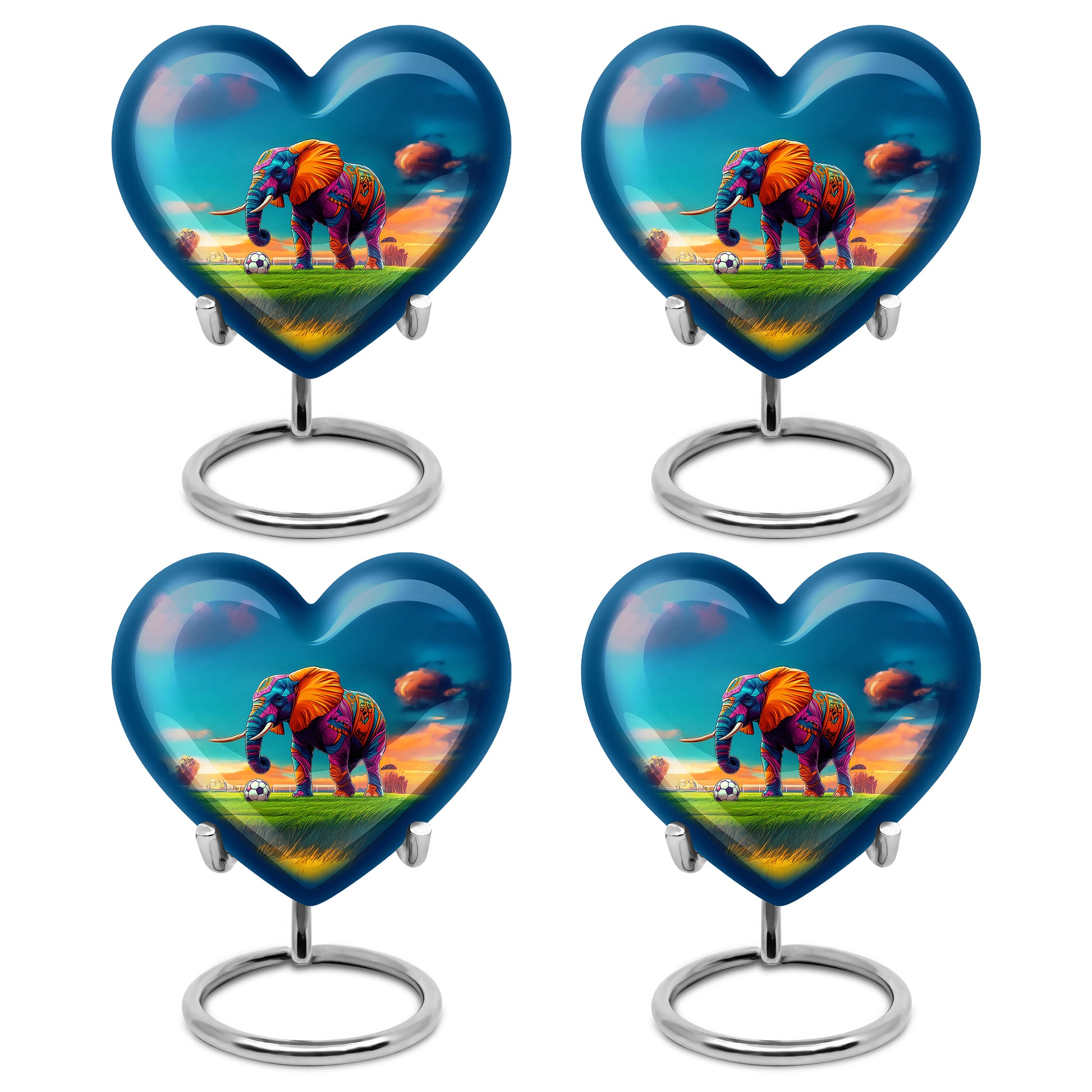 Powder Blue Elephant Cremation Urn angled view of lid and engraved motif - loving heart memorial featuring elephant pattern - 10 inch aluminum urn for cremated remains