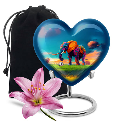 Sapphire Blue Elephant Cremation Urn detail view - romantic heart urn with elephant motif on aluminum - full-size 10 inch 200 cubic inch adult cremation urn