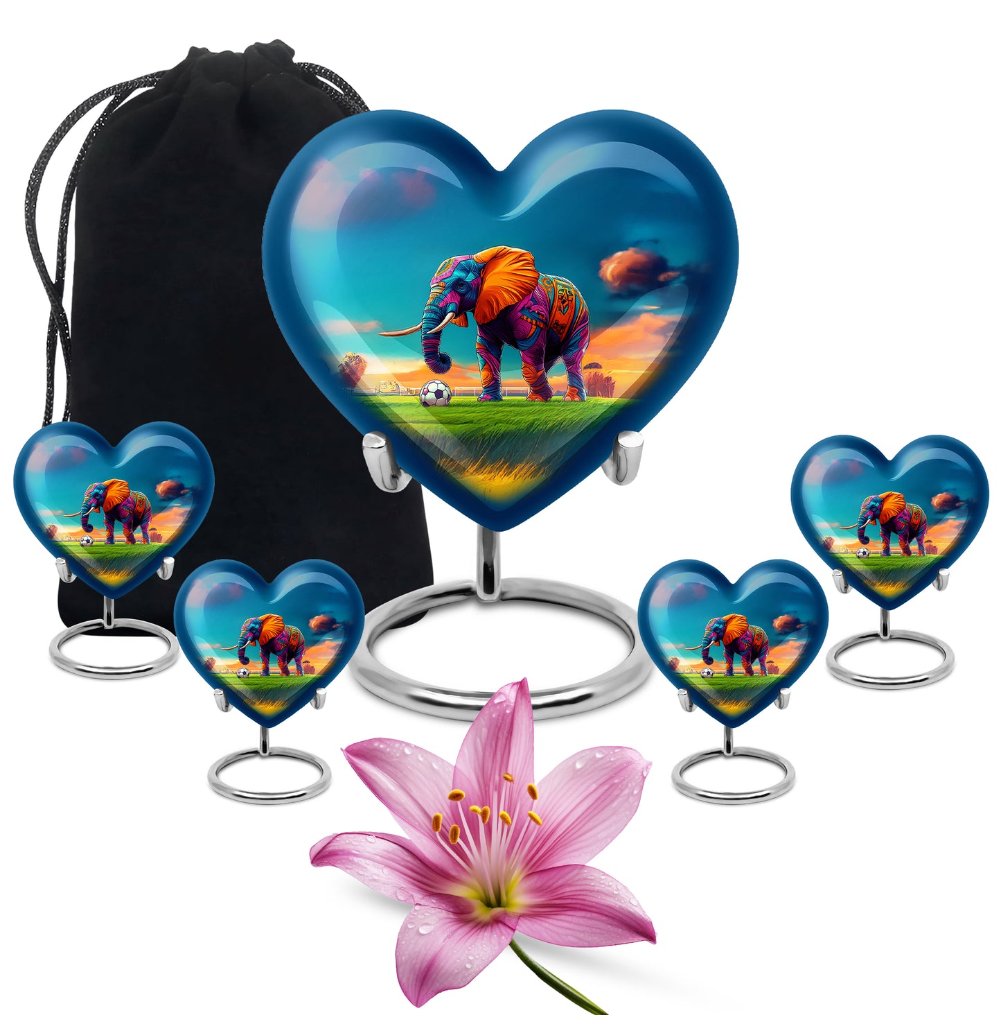 Indigo Elephant Cremation Urn close-up of engraving and surface detail - loving heart memorial featuring elephant pattern - memorial set with one large and four small urns
