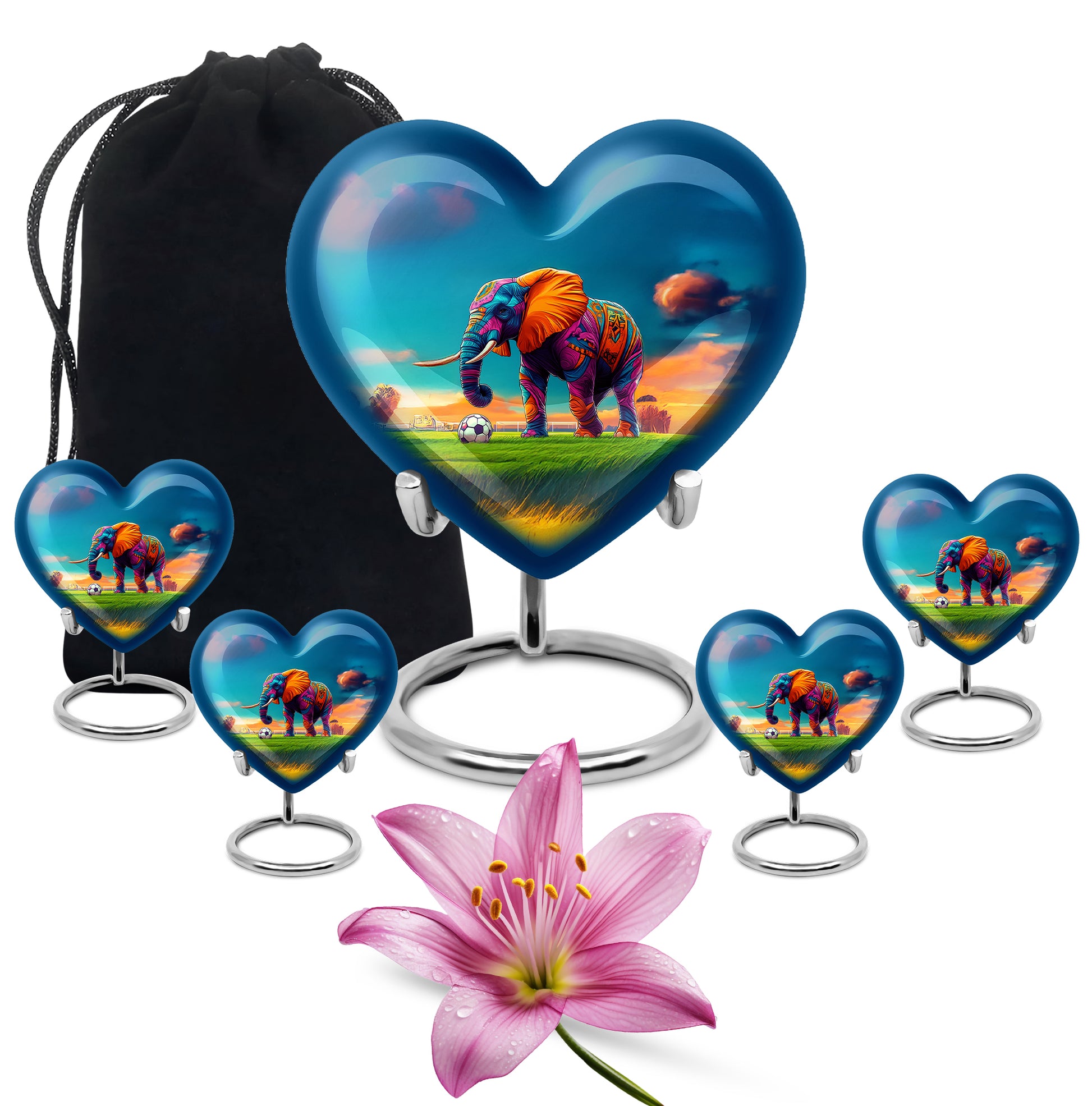 Indigo Elephant Cremation Urn close-up of engraving and surface detail - loving heart memorial featuring elephant pattern - memorial set with one large and four small urns