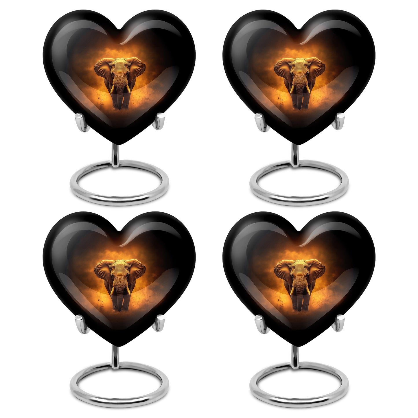 Onyx Black Elephant Cremation Urn angled view of lid and engraved motif - compassionate heart-elephant combination with gentle curves - 10 inch aluminum urn for cremated remains