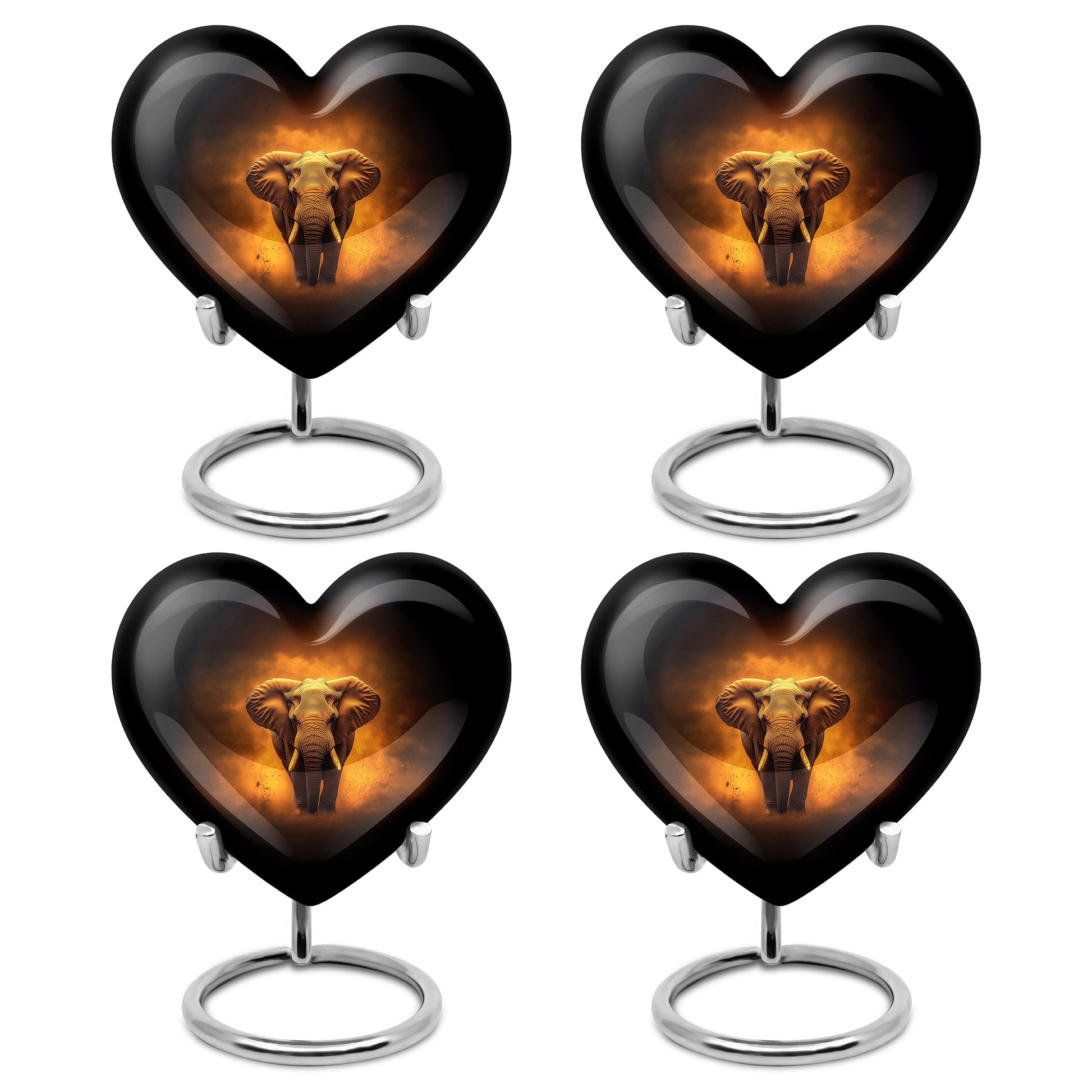 Onyx Black Elephant Cremation Urn angled view of lid and engraved motif - compassionate heart-elephant combination with gentle curves - 10 inch aluminum urn for cremated remains