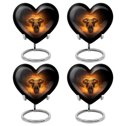 Onyx Black Elephant Cremation Urn angled view of lid and engraved motif - compassionate heart-elephant combination with gentle curves - 10 inch aluminum urn for cremated remains