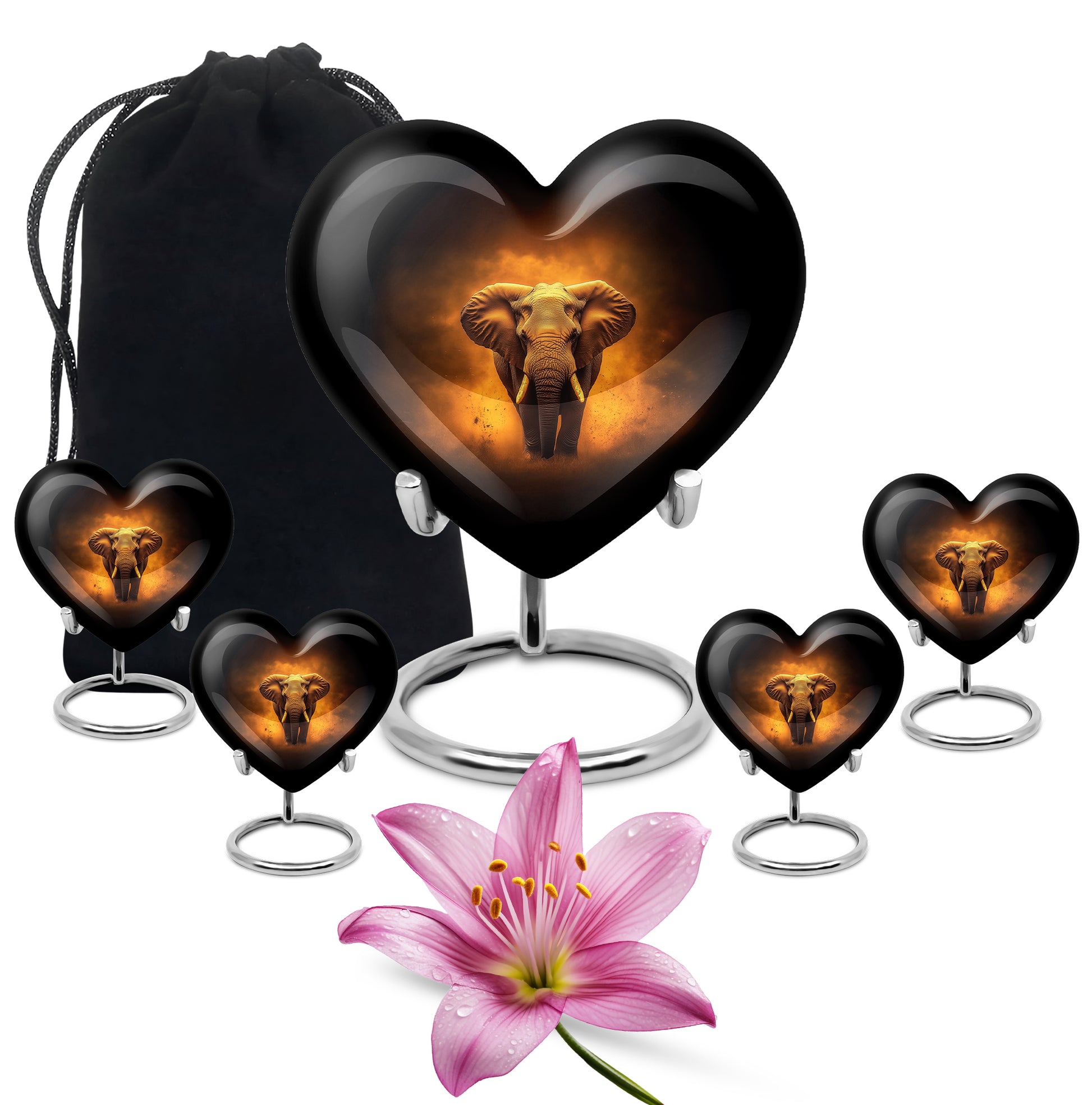 Dark Black Elephant Cremation Urn close-up of engraving and surface detail - compassionate heart-elephant combination with gentle curves - memorial set with one large and four small urns