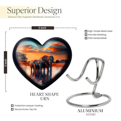 Tropical Teal Elephant Cremation Urn front view showing detailed design - romantic heart urn with elephant motif on aluminum - mini keepsake memorial for portion of cremation ashes