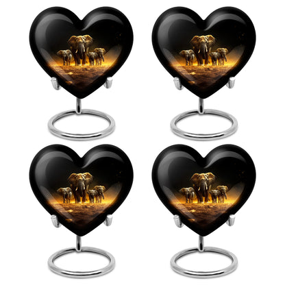 Ebony Elephant Cremation Urn angled view of lid and engraved motif - heart-shaped elephant design symbolizing eternal love - 10 inch aluminum urn for cremated remains