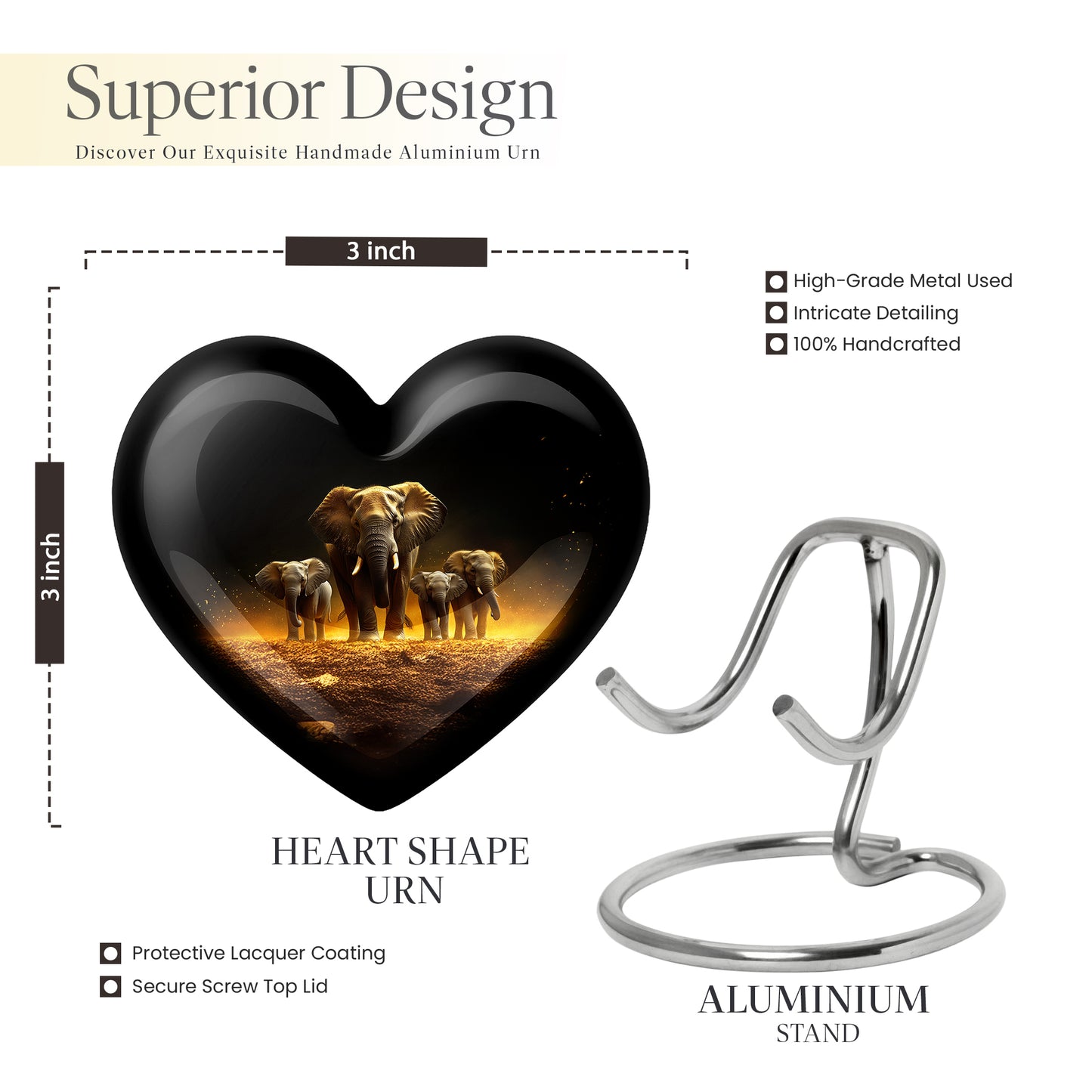 Glossy Black Elephant Cremation Urn front view showing detailed design - heart-shaped elephant design symbolizing eternal love - mini keepsake memorial for portion of cremation ashes