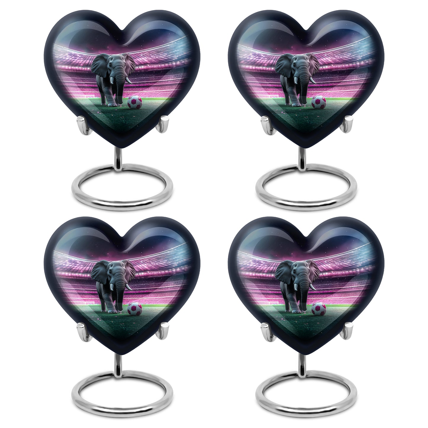 Obsidian Black Elephant Cremation Urn angled view of lid and engraved motif - romantic heart urn with elephant motif on aluminum - 10 inch aluminum urn for cremated remains