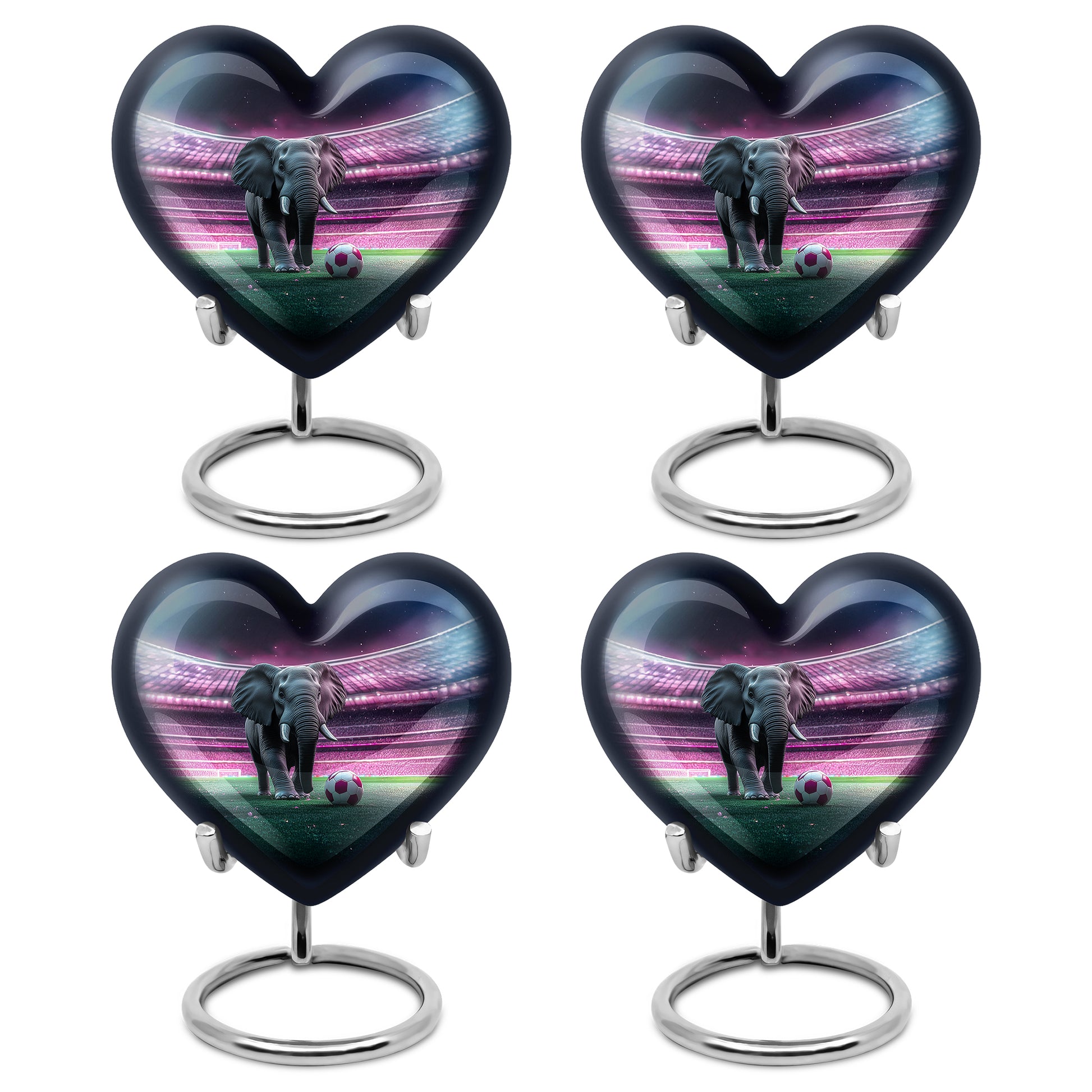 Obsidian Black Elephant Cremation Urn angled view of lid and engraved motif - romantic heart urn with elephant motif on aluminum - 10 inch aluminum urn for cremated remains
