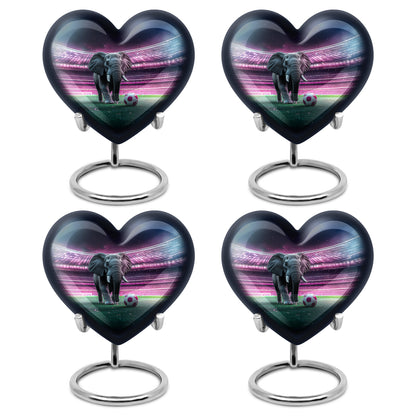Obsidian Black Elephant Cremation Urn angled view of lid and engraved motif - romantic heart urn with elephant motif on aluminum - 10 inch aluminum urn for cremated remains